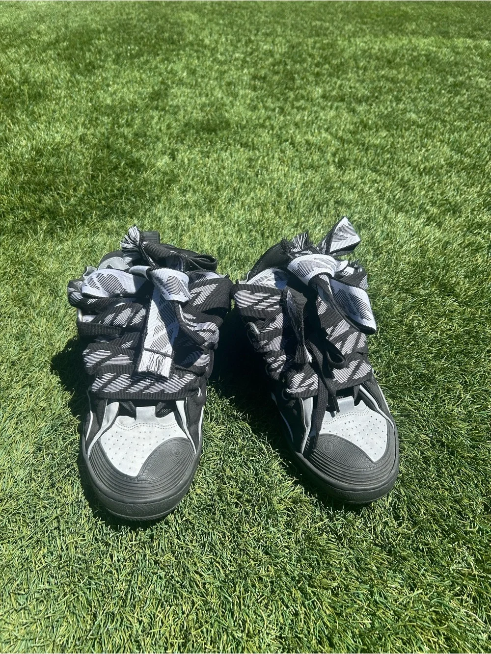 Lanvin Black and Gray High-Top Sneakers with Patterned Laces